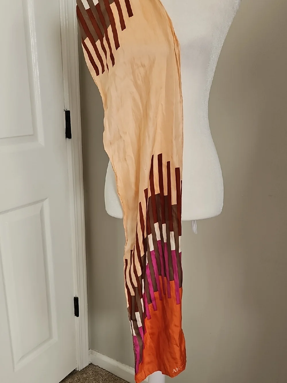 Anne Klein 100% Silk Scarf Vintage Abstract Geometric Stripes Purple Orange